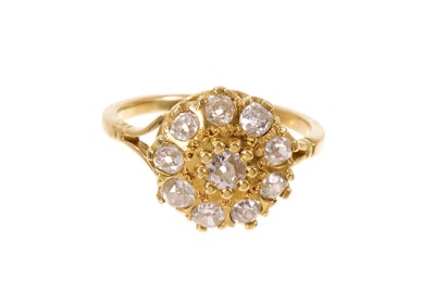 Lot 416 - Victorian diamond cluster ring with ten old cut diamonds in claw setting on 18ct gold shank
