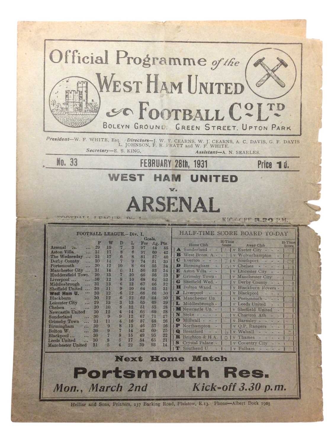Lot 3 - West Ham v Arsenal February 28th 1931 Football League Division I