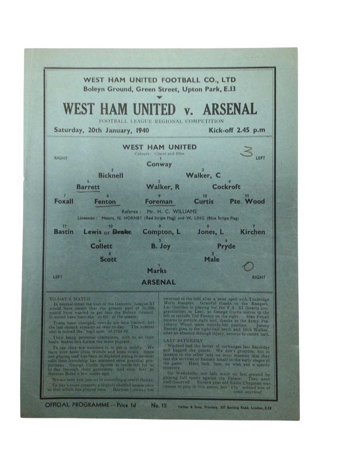 Lot 5 - West Ham v Arsenal 20th January 1940 Football League Regional Competition