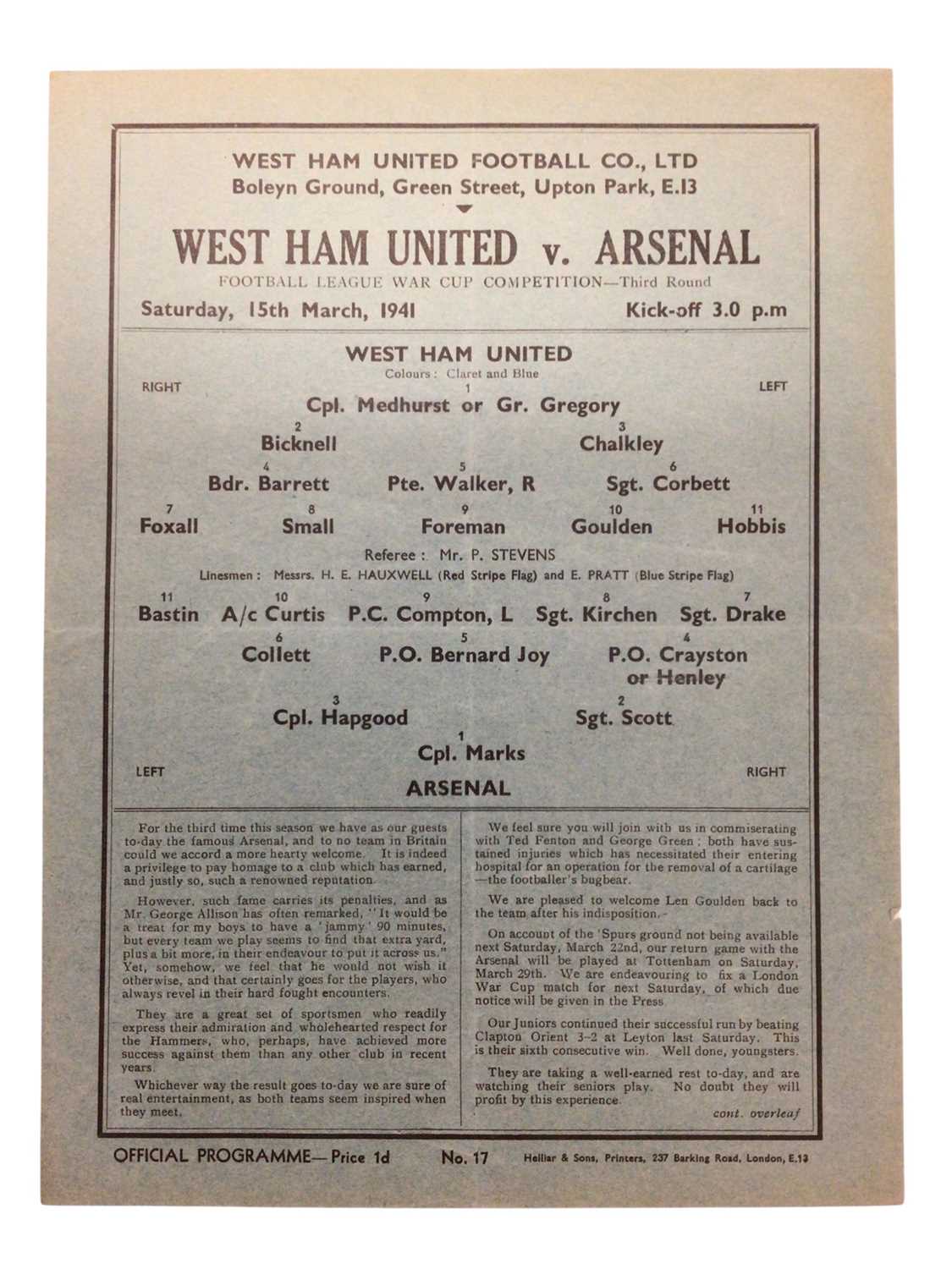 Lot 6 - West Ham v Arsenal 15th March 1941 Football League War Cup Competition Third Round