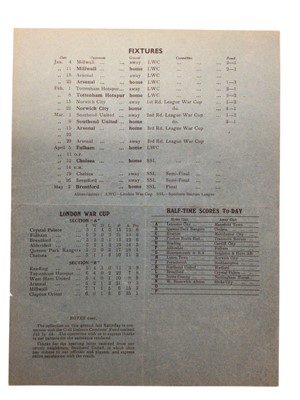 Lot 6 - West Ham v Arsenal 15th March 1941 Football League War Cup Competition Third Round