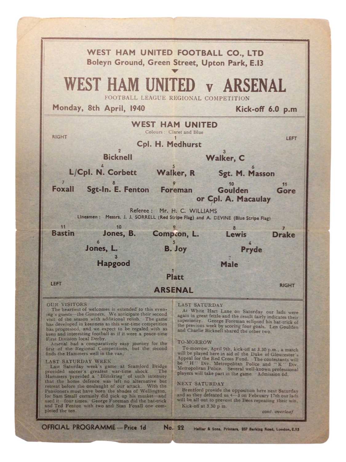 Lot 7 - West Ham v Arsenal 8th April 1940 Football League Regional Competition