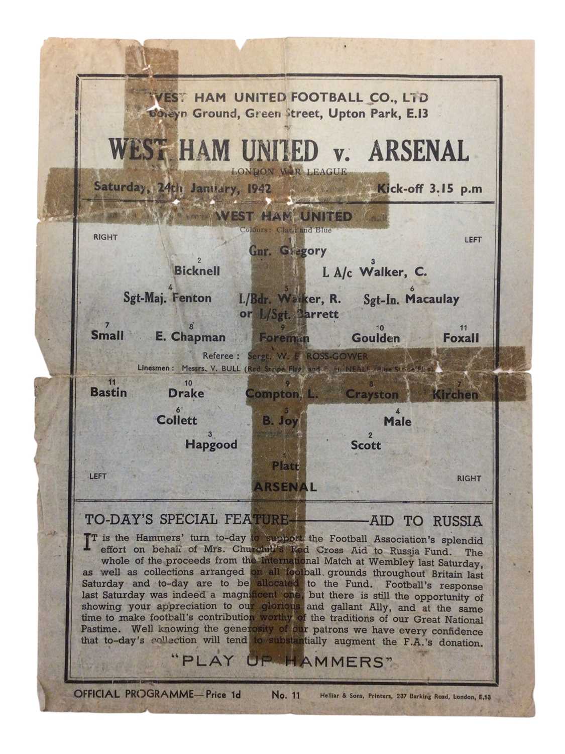 Lot 8 - West Ham v Arsenal 24th January 1942 London War League