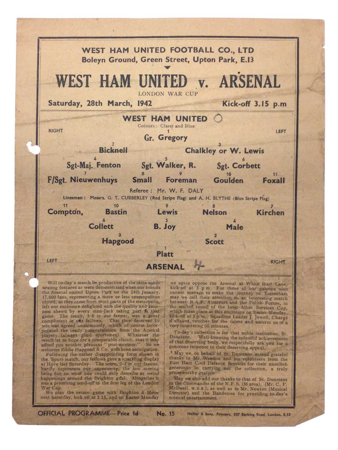 Lot 9 - West Ham v Arsenal 28th March 1942 London War Cup