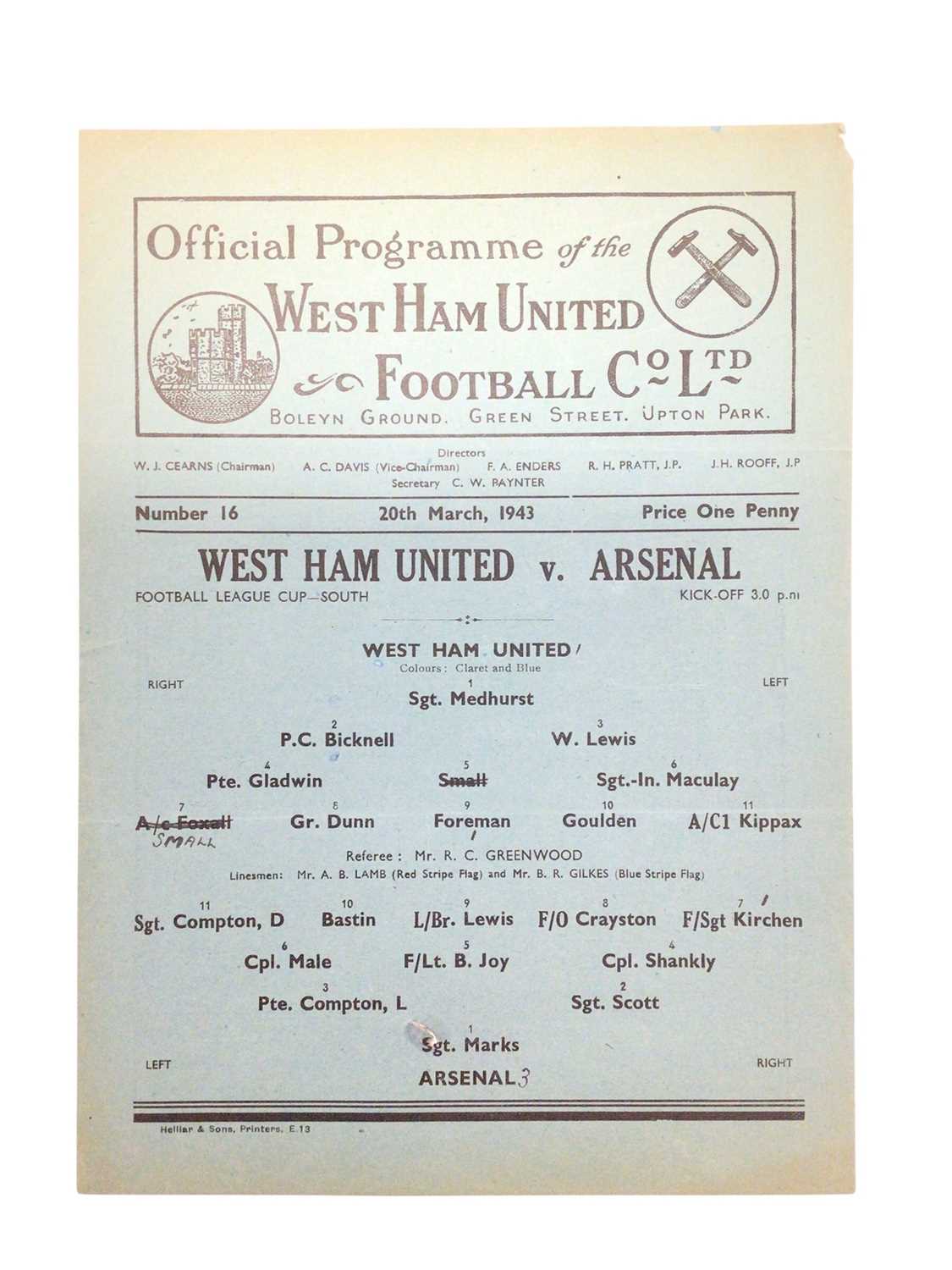 Lot 10 - West Ham v Arsenal 20th March 1943 Football League Cup South