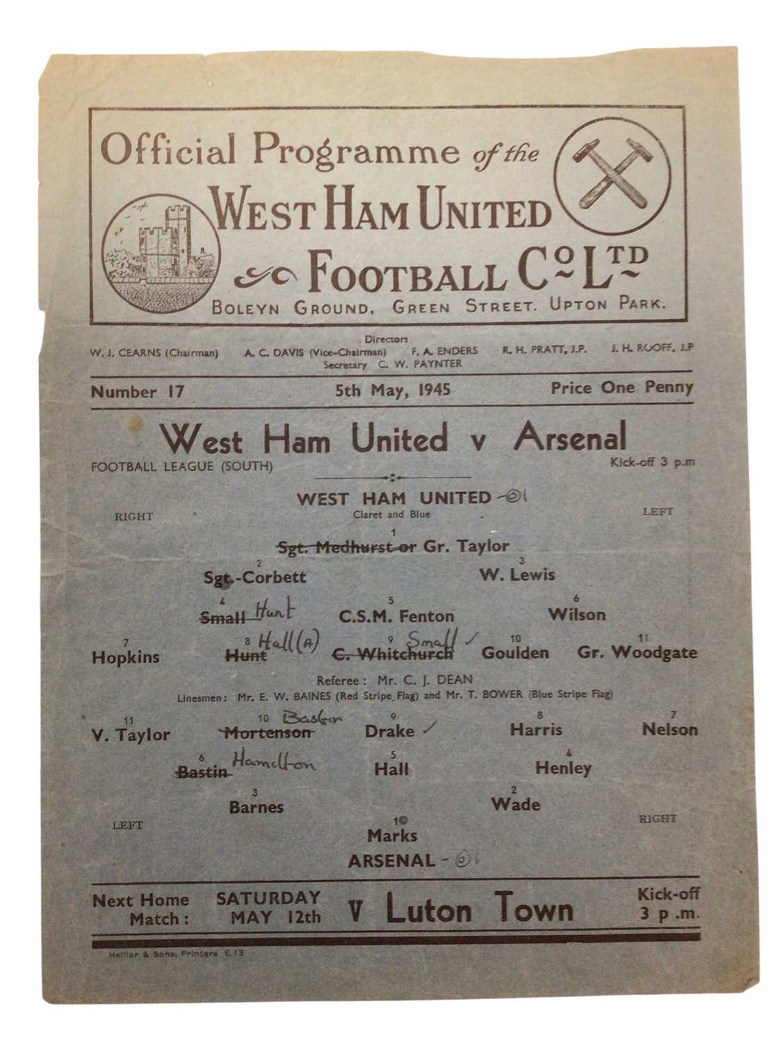 Lot 12 - West Ham v Arsenal 5th May 1945 Football League South