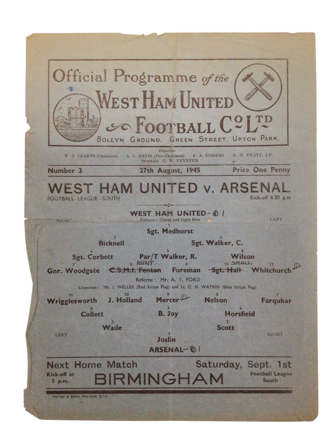 Lot 13 - West Ham v Arsenal 27th August 1945 Football League South