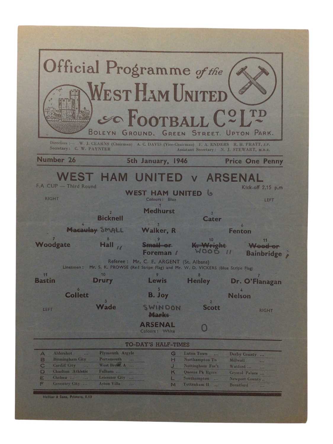 Lot 14 - West Ham v Arsenal 5th January 1946 FA Cup Third Round