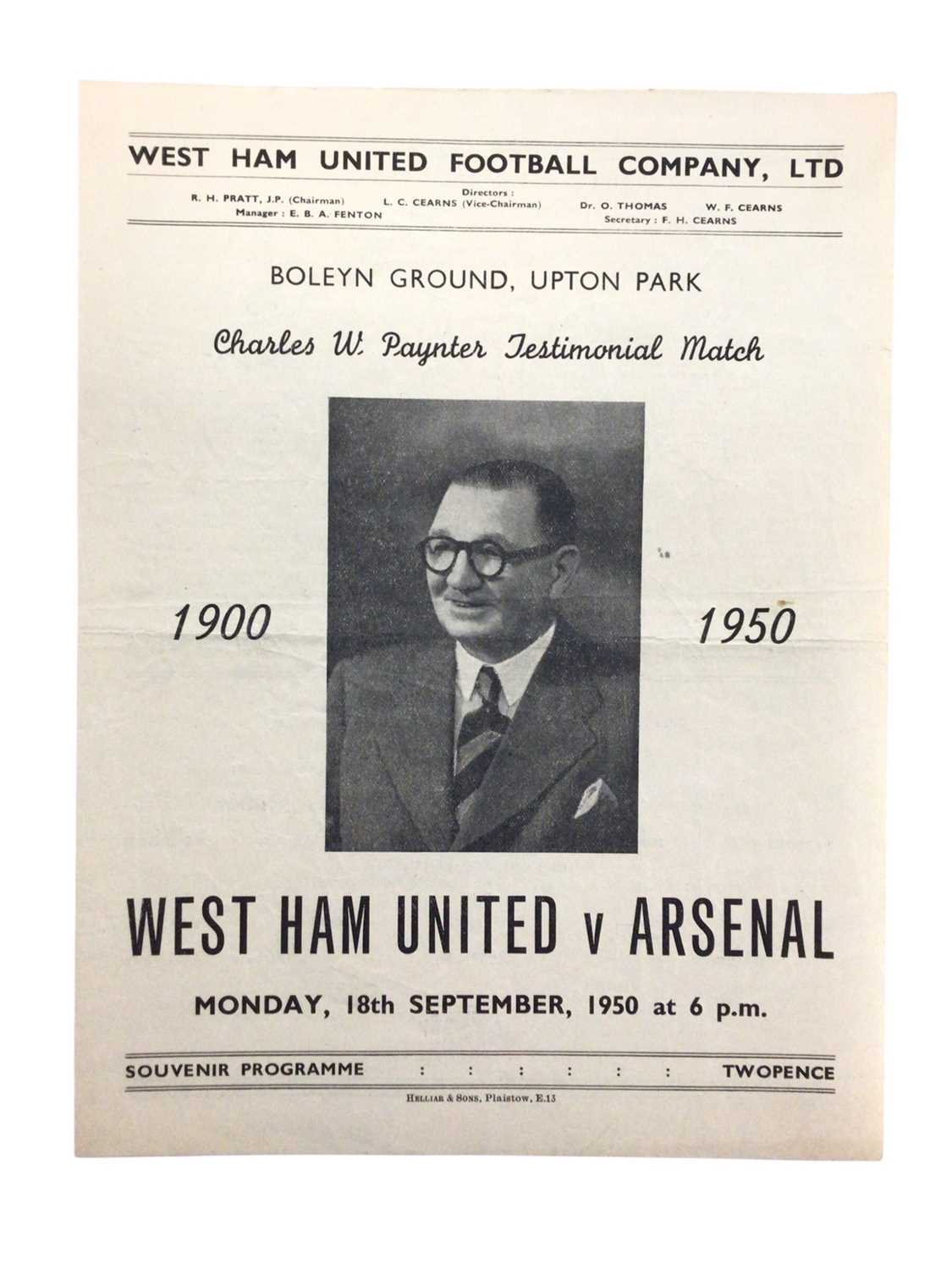 Lot 15 - West Ham v Arsenal 18th September 1950 Charles. W. Paynter Testimonial Match