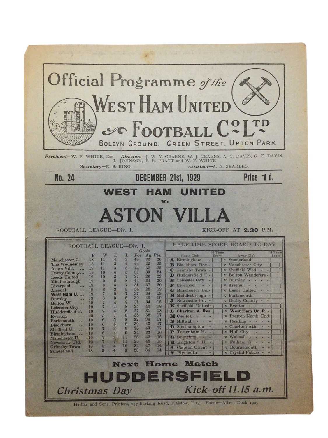 Lot 17 - West Ham v Aston Villa December 21st 1929 Football League Division 1