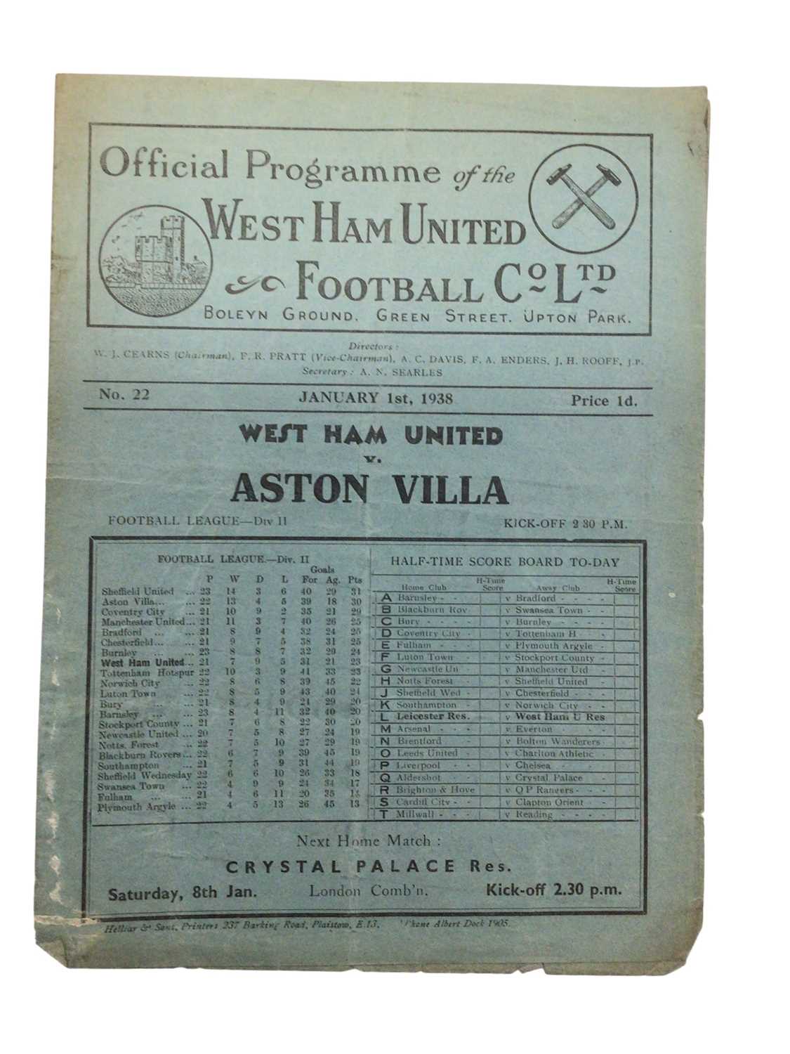 Lot 20 - West Ham v Aston Villa January 1st 1938 Football League Division II