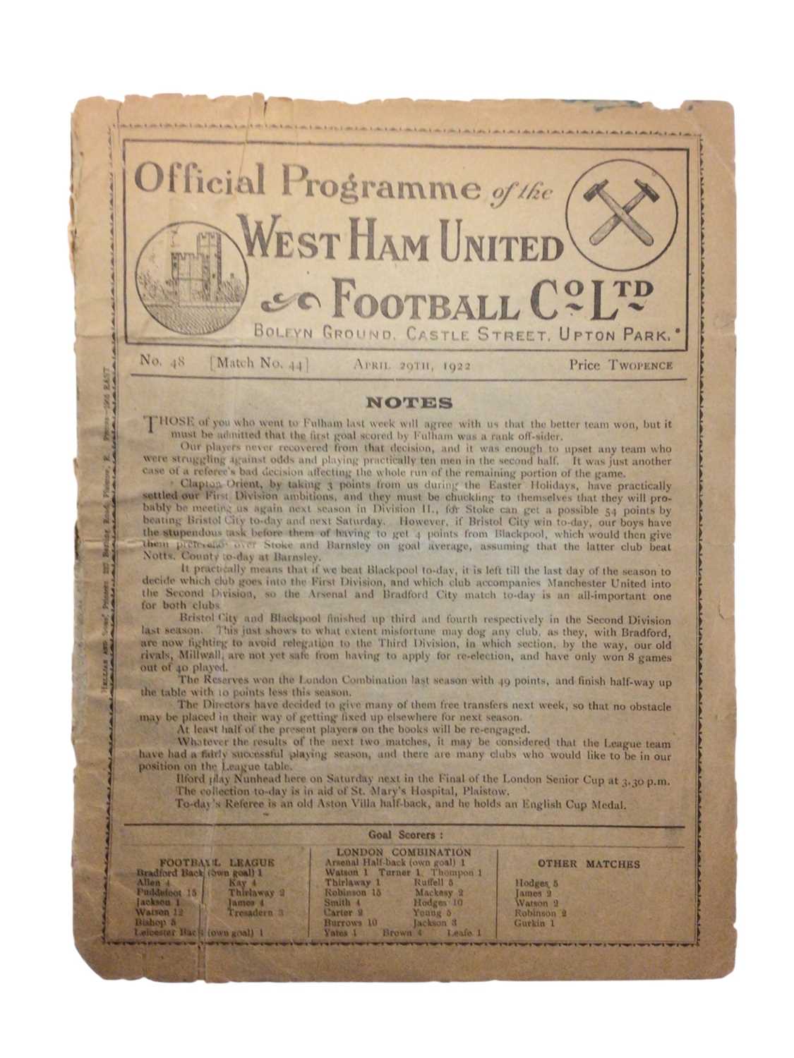 Lot 22 - West Ham v Blackpool April 29th 1922