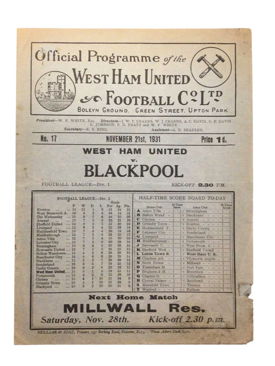 Lot 23 - West Ham v Blackpool November 21st 1931 Football League Division I