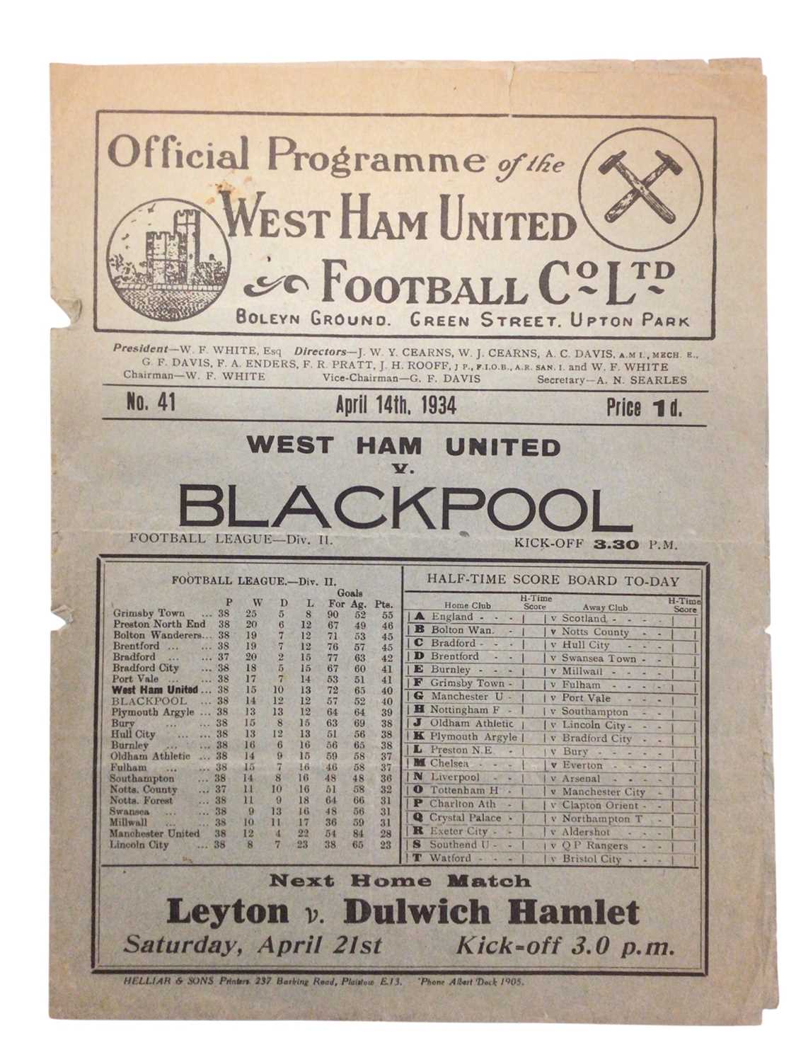Lot 24 - West Ham v Blackpool April 14th 1934 Football League Division II