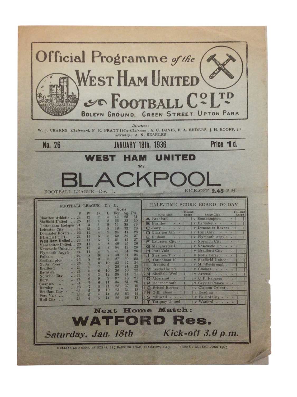Lot 26 - West Ham v Blackpool January 18th 1936 Football League Division II