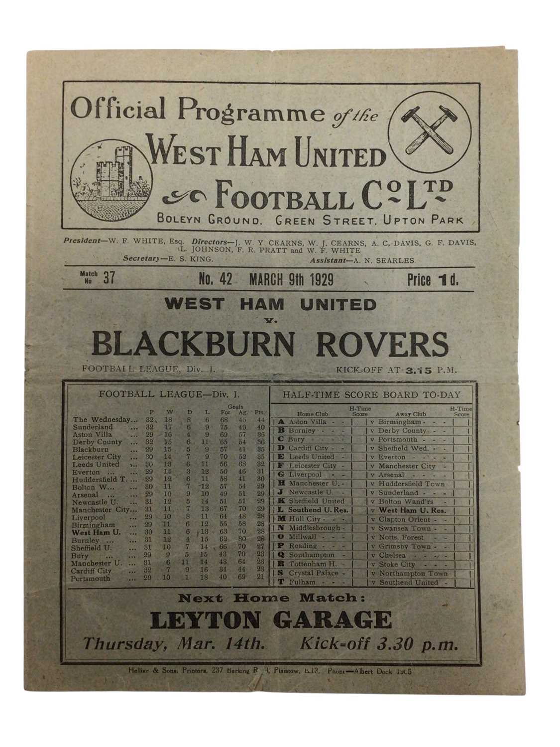 Lot 28 - West Ham v Blackburn Rovers March 9th 1929 Football League Division I
