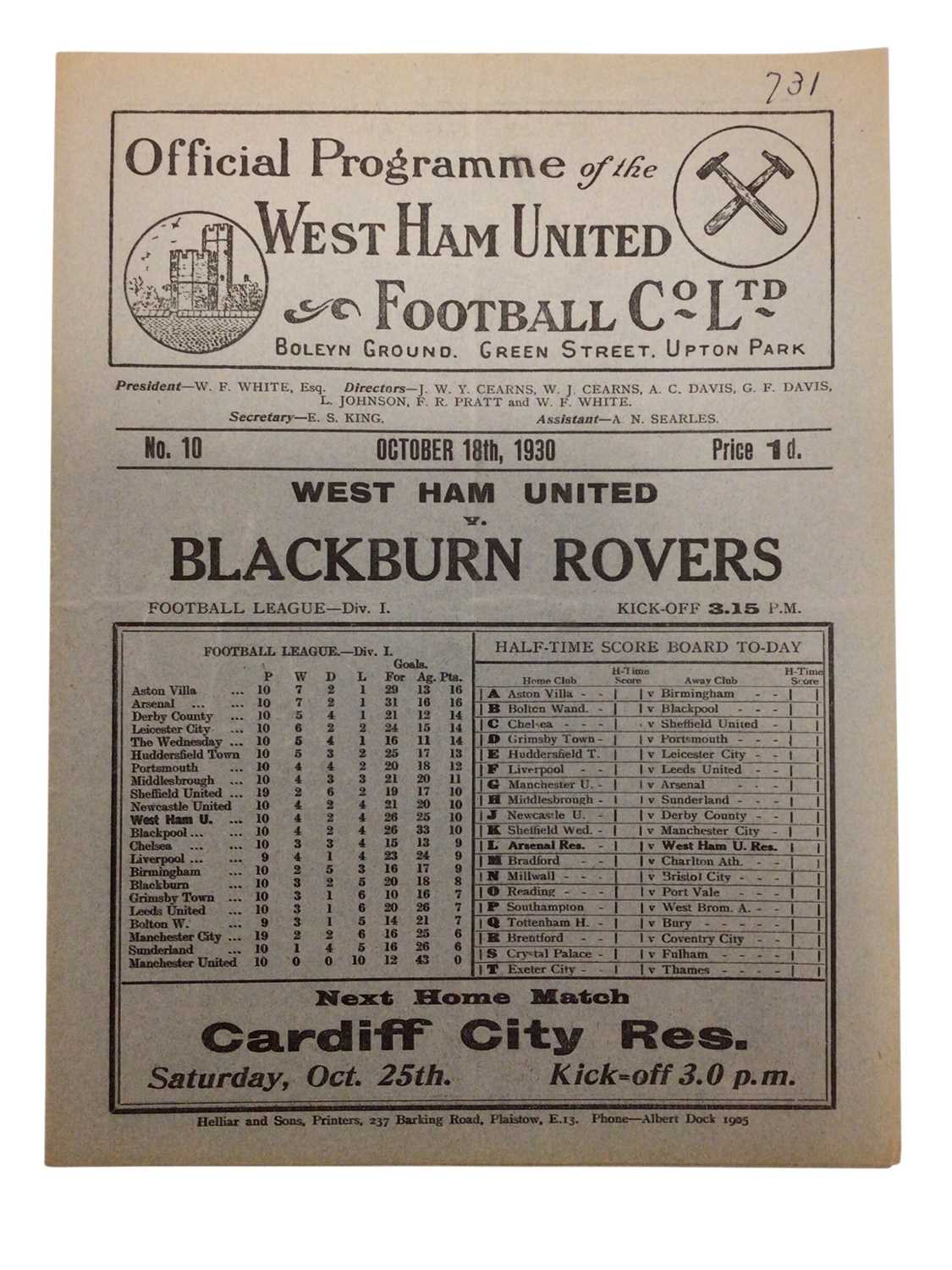 Lot 29 - West Ham v Blackburn Rovers October 18th 1930 Football League Division I
