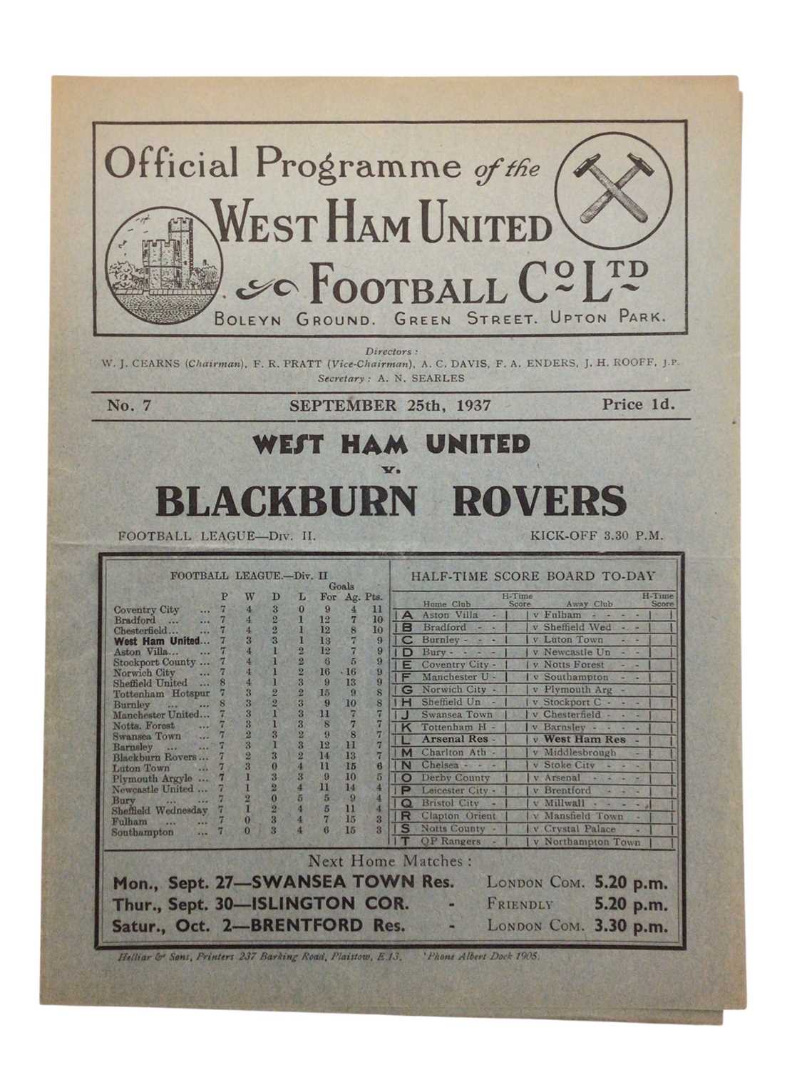 Lot 31 - West Ham v Blackburn Rovers September 25th 1937 Football League Division II