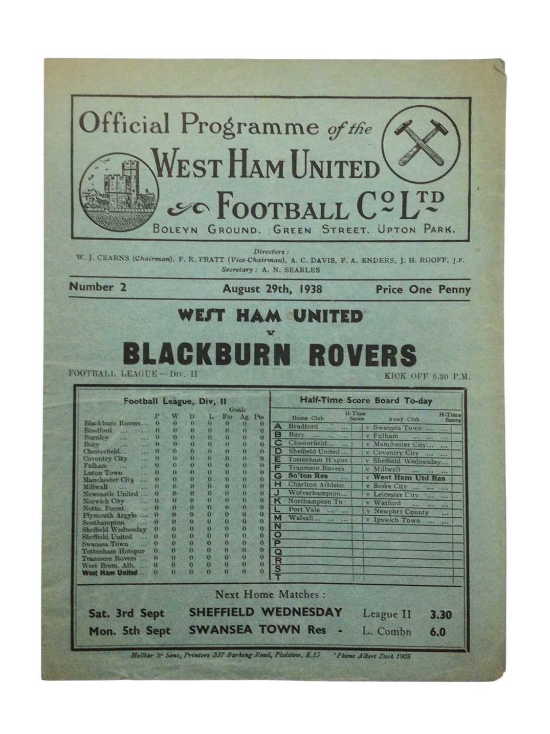 Lot 32 - West Ham v Blackburn Rovers August 29th 1938 Football League Division II