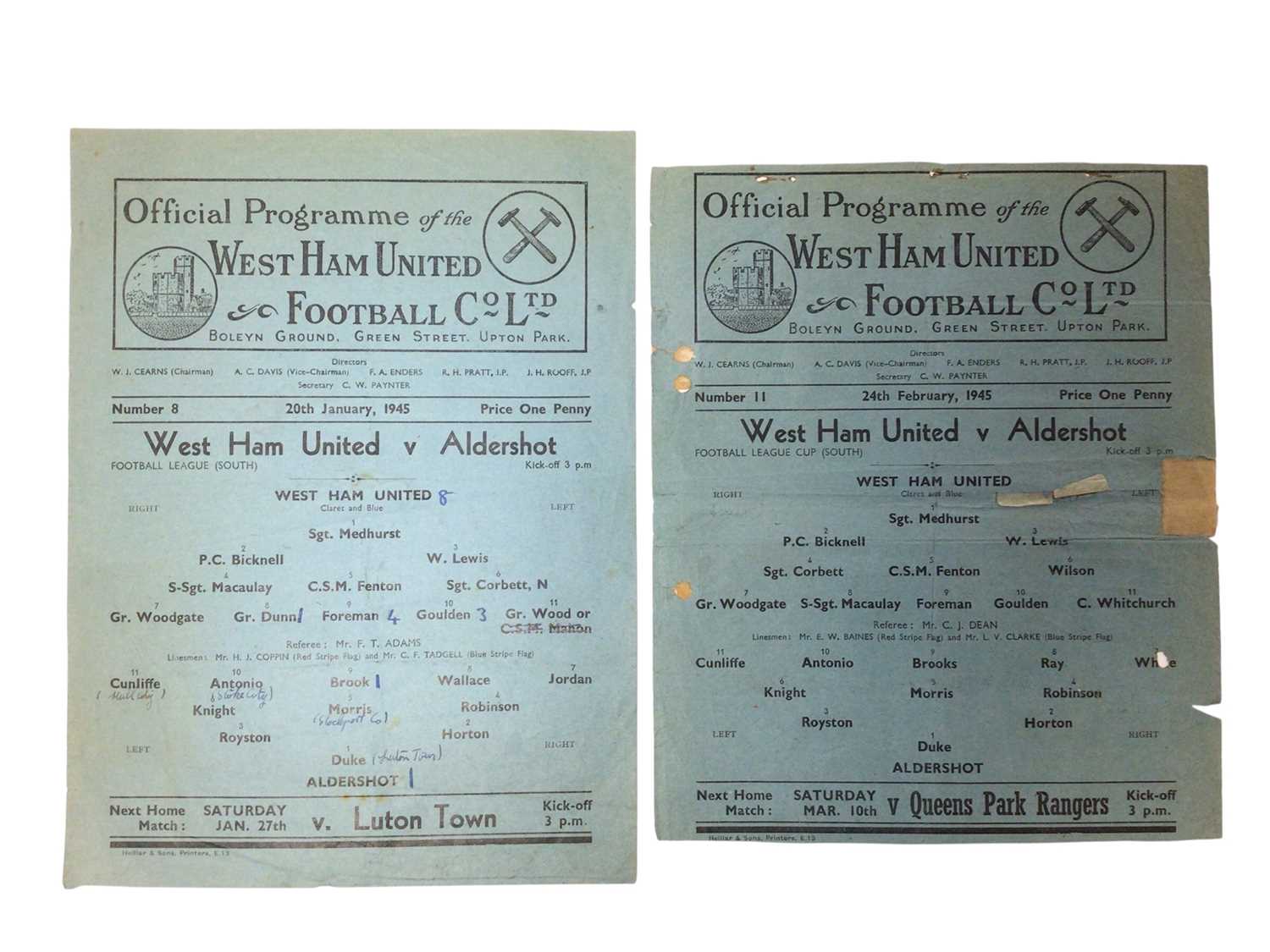 Lot 34 - West Ham v Aldershot 20th January 1945 Football League South, 24th February 1945 Football League South (2)