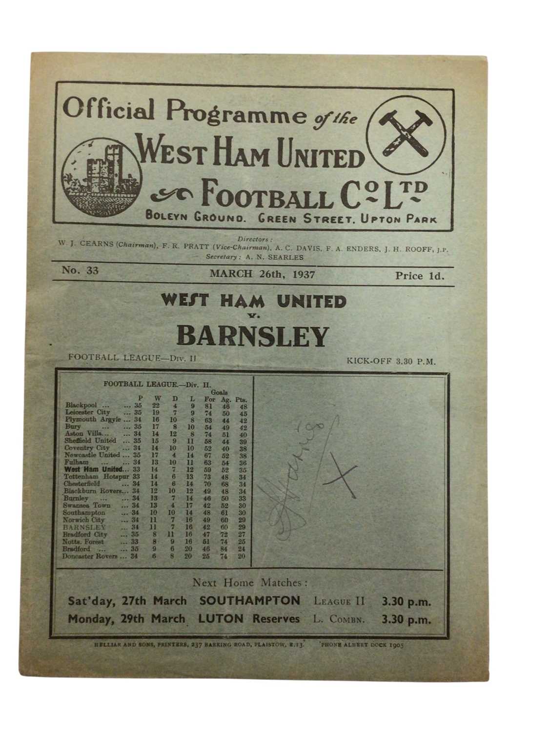 Lot 37 - West Ham v Barnsley March 26th 1937 Football League Division II