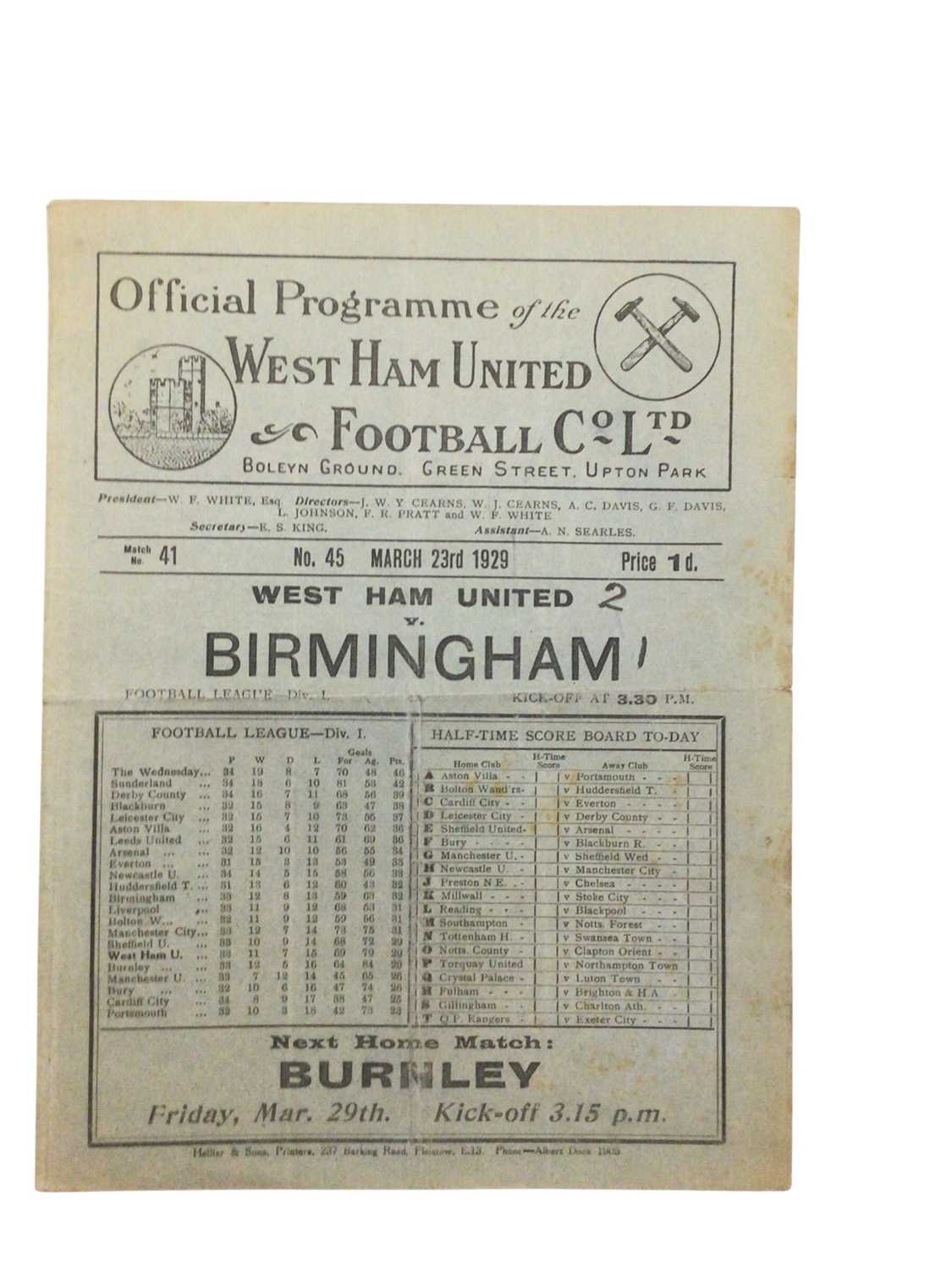 Lot 40 - West Ham v Birmingham March 23rd 1929 Football League Division I
