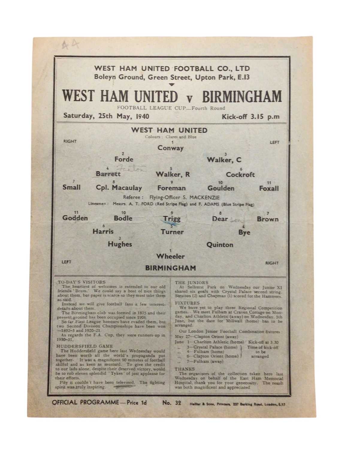 Lot 41 - West Ham v Birmingham 25th May 1940 Football League Cup Fourth Round