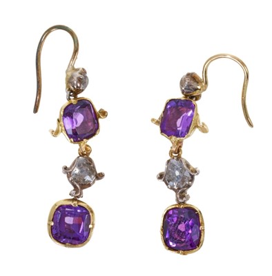Lot 369 - Pair of antique-style diamond and amethyst pendant earrings