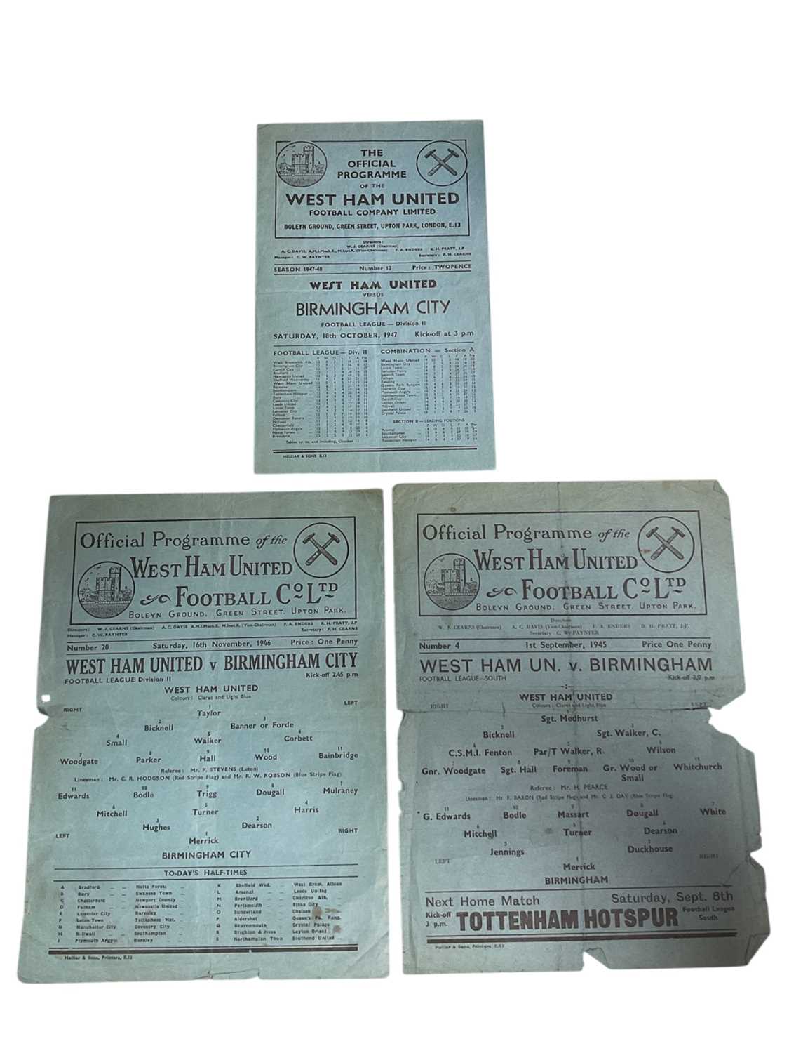 Lot 42 - West Ham v Birmingham 1st September 1945 Football League South, 16th November 1946. 18th October 1947, both football League Division II (3)