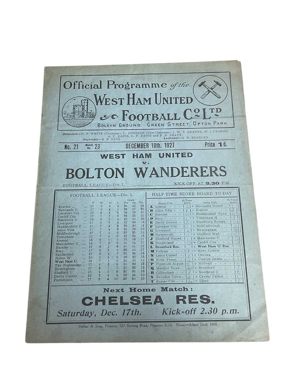 Lot 43 - West Ham v Bolton Wanderers December 10th 1927 Football League Division I