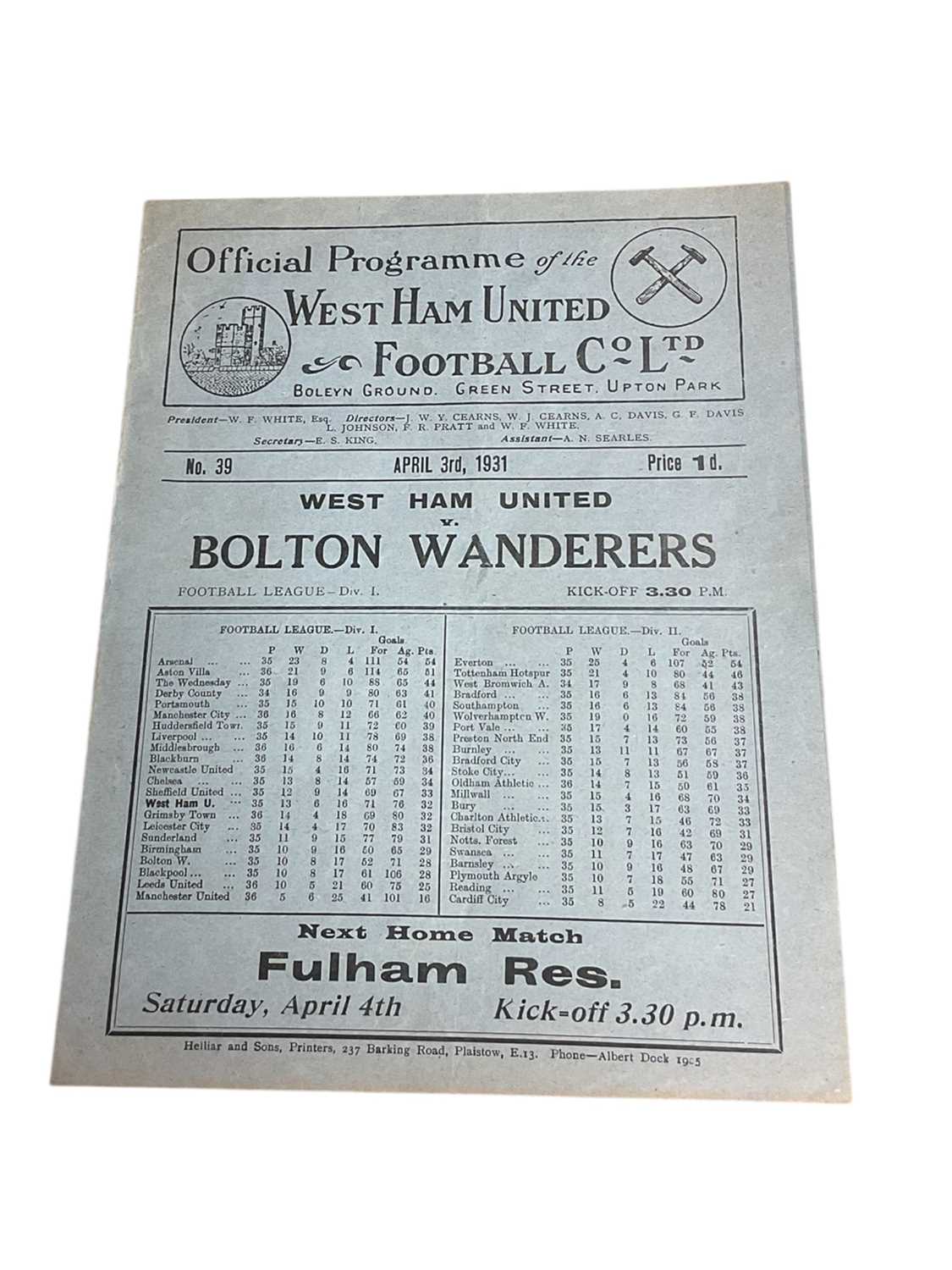 Lot 44 - West Ham v Bolton Wanderers April 3rd 1931 Football League Division I