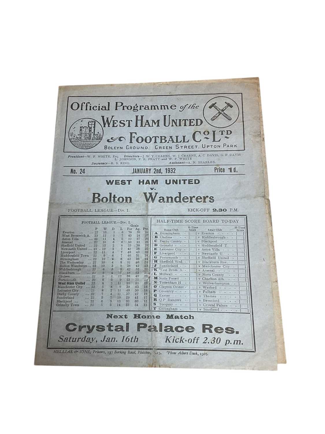 Lot 45 - West Ham v Bolton Wanderers January 2nd 1932 Football League Division I