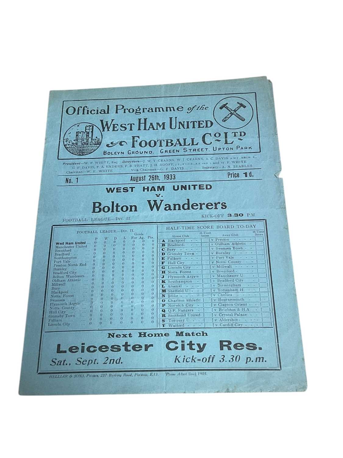 Lot 46 - West Ham v Bolton Wanderers August 26th 1933 Football League Division II