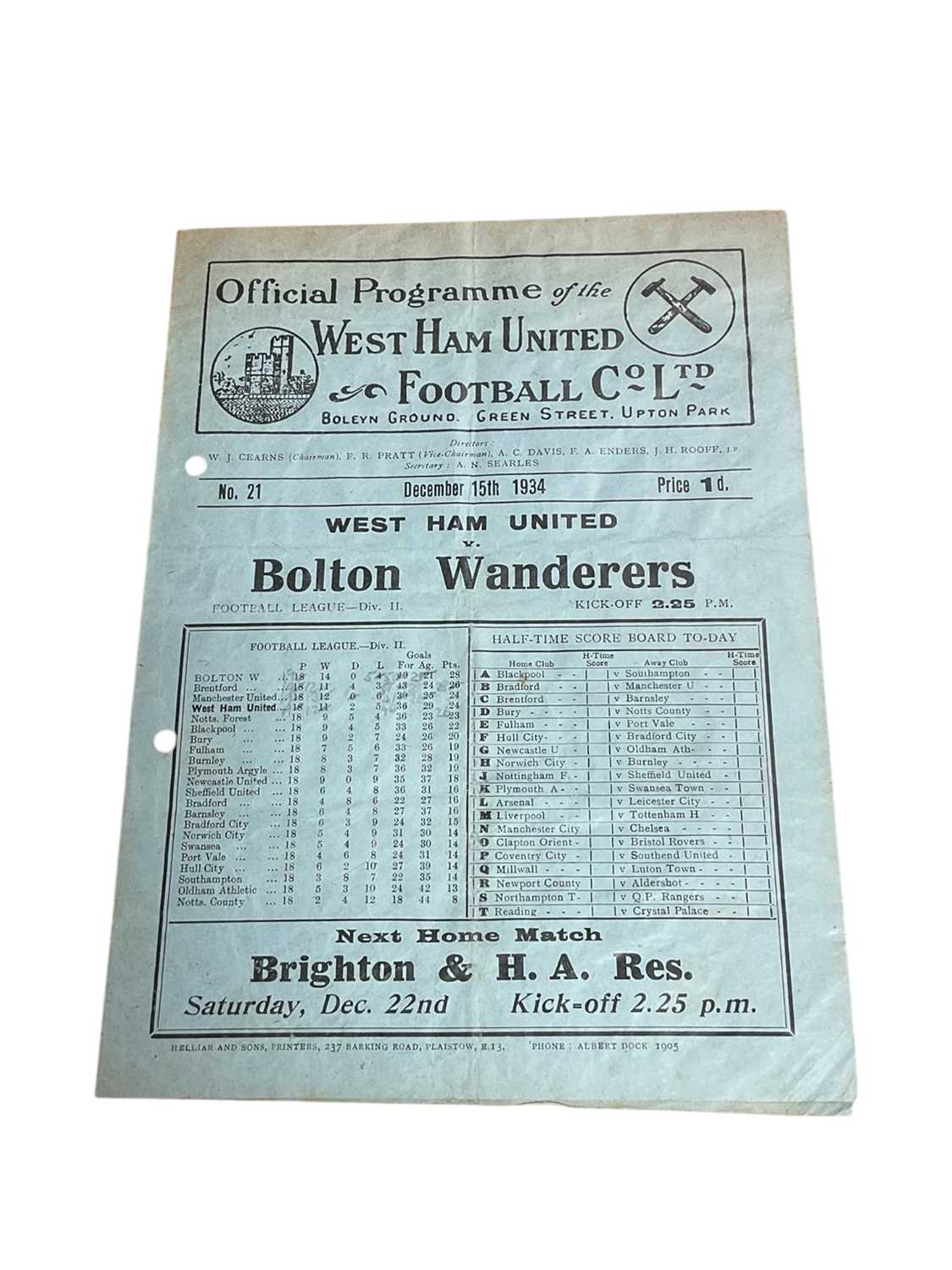 Lot 47 - West Ham v Bolton Wanderers December 15th 1934 Football League Division II