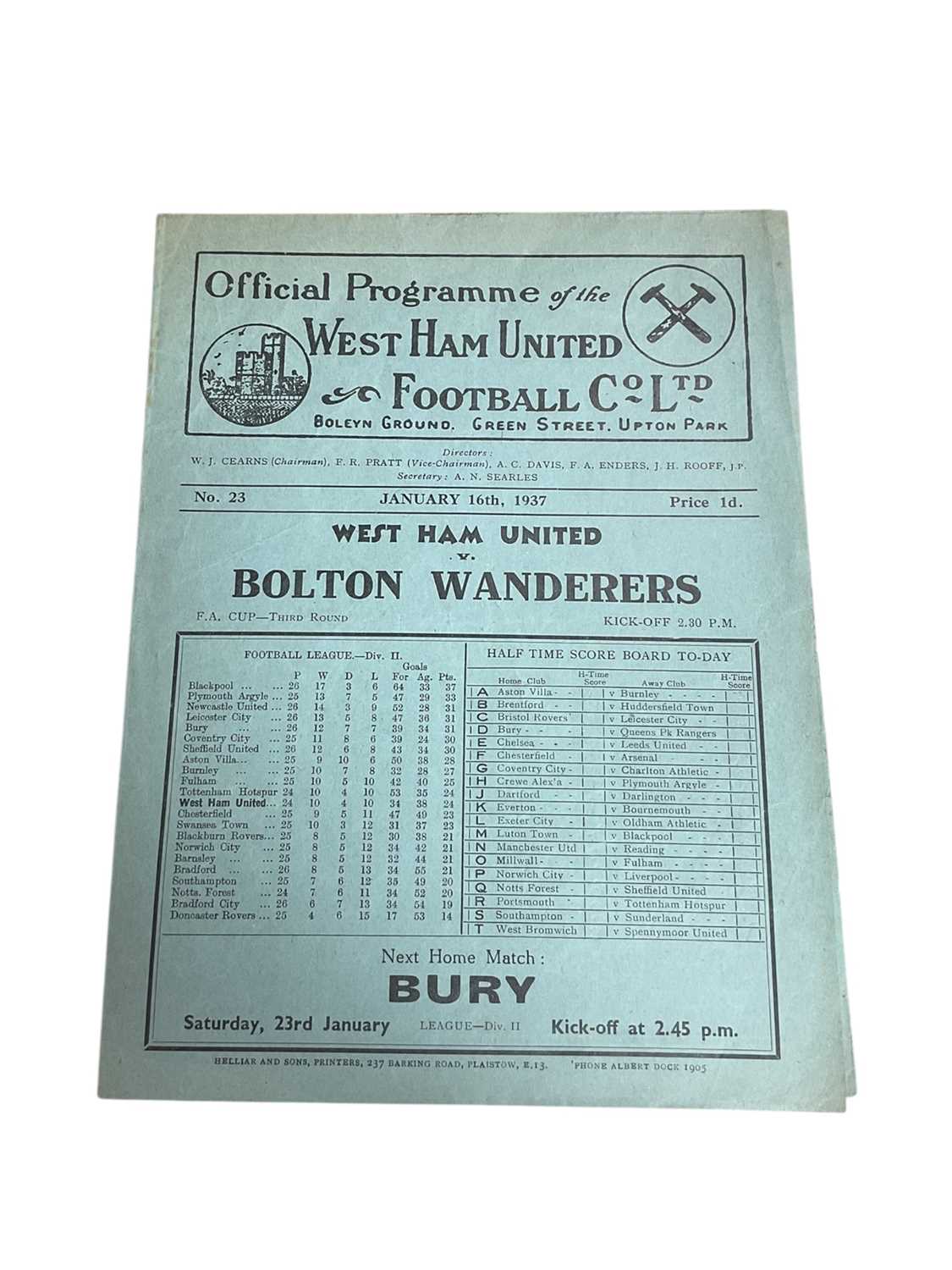 Lot 48 - West Ham v Bolton Wanderers January 16th 1937 FA Cup Third Round