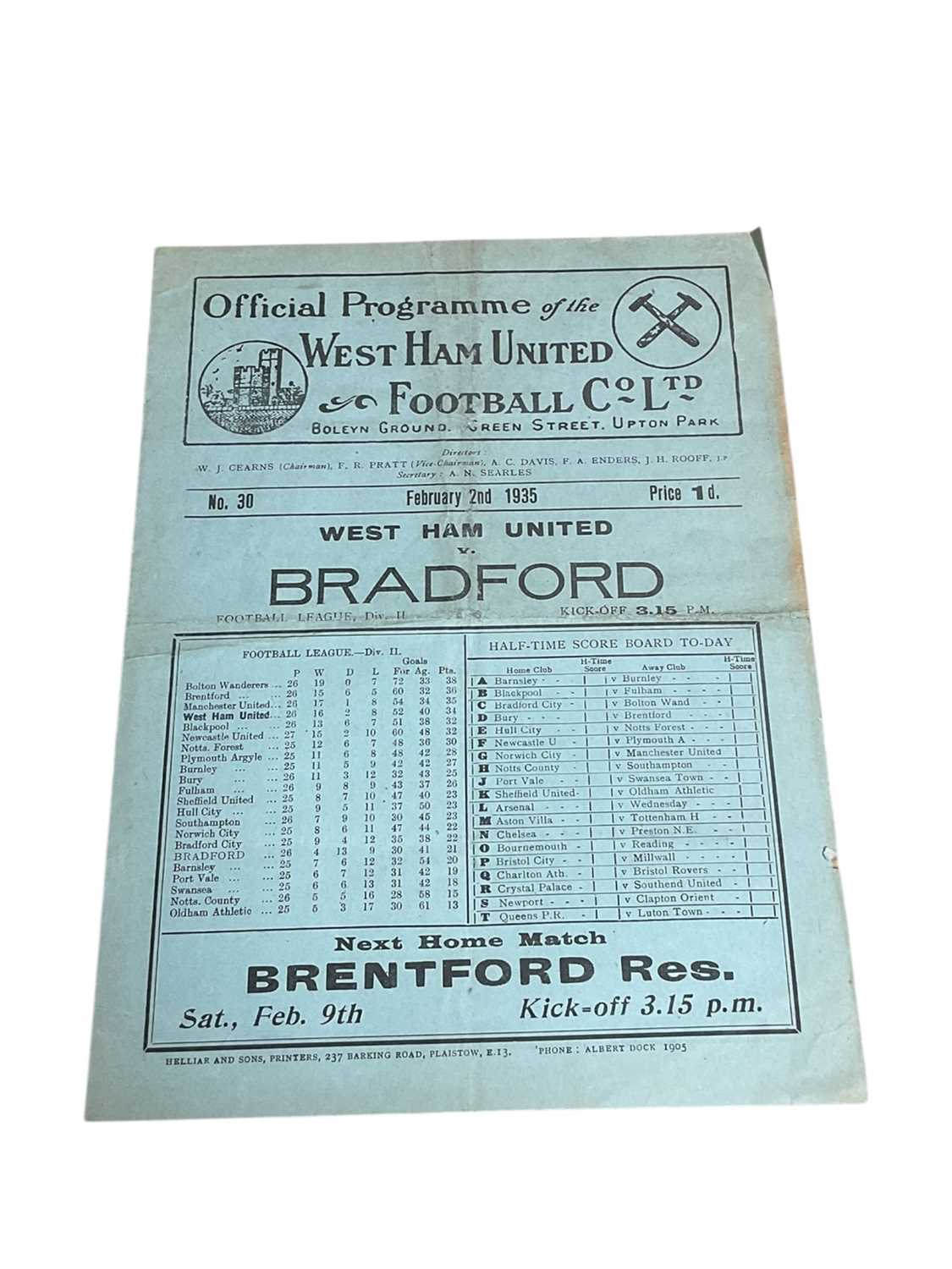 Lot 50 - West Ham v Bradford February 2nd 1935 Football League Division II
