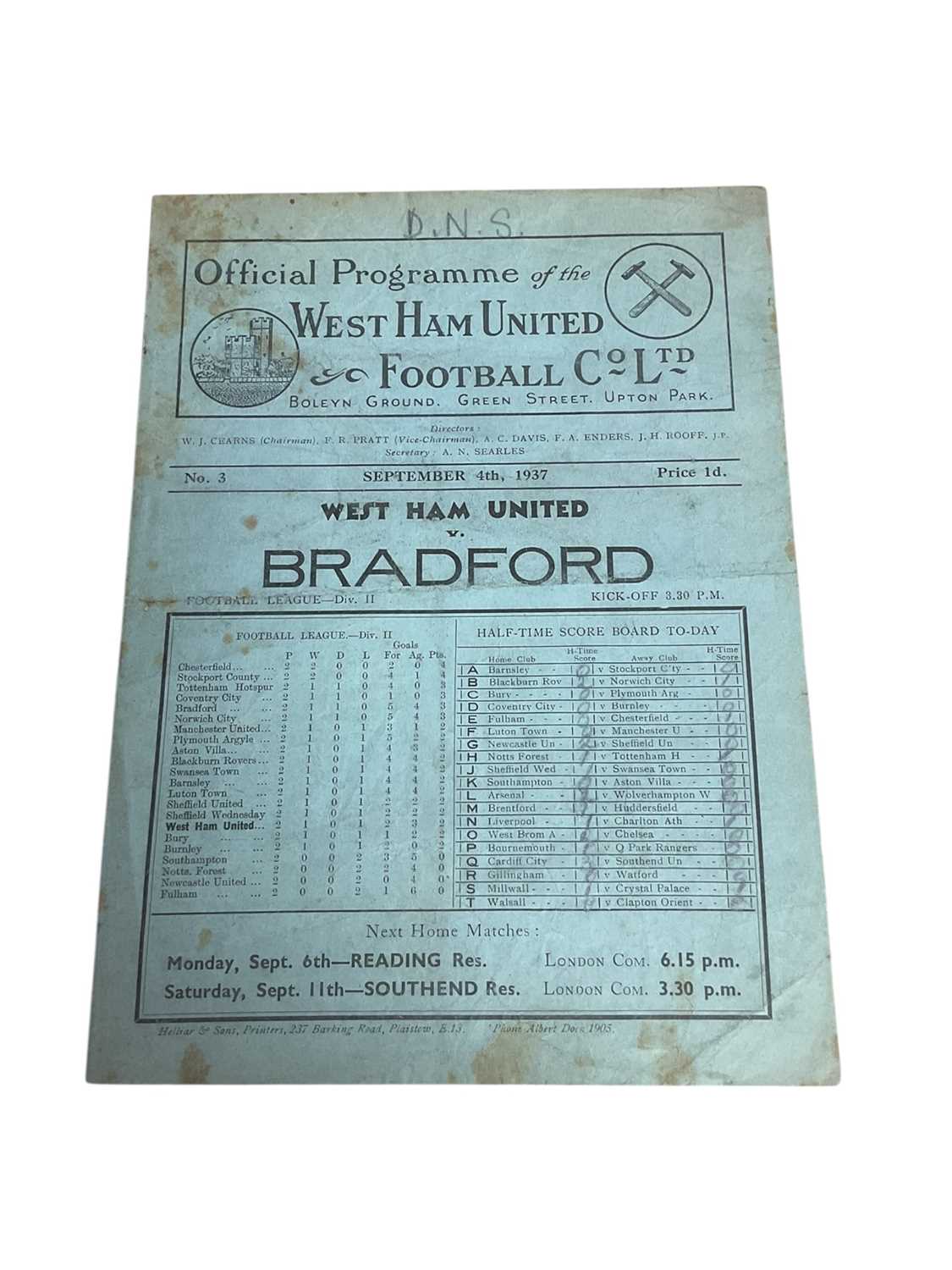 Lot 53 - West Ham v Bradford September 4th 1937 Football League Division II