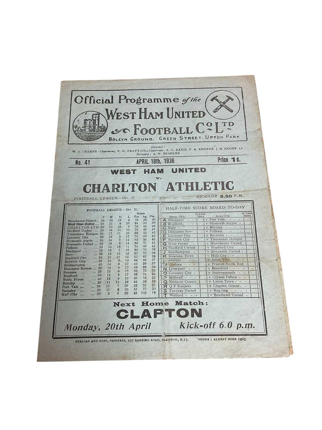 Lot 78 - West Ham v Charlton April 18th 1936 Football League Division II