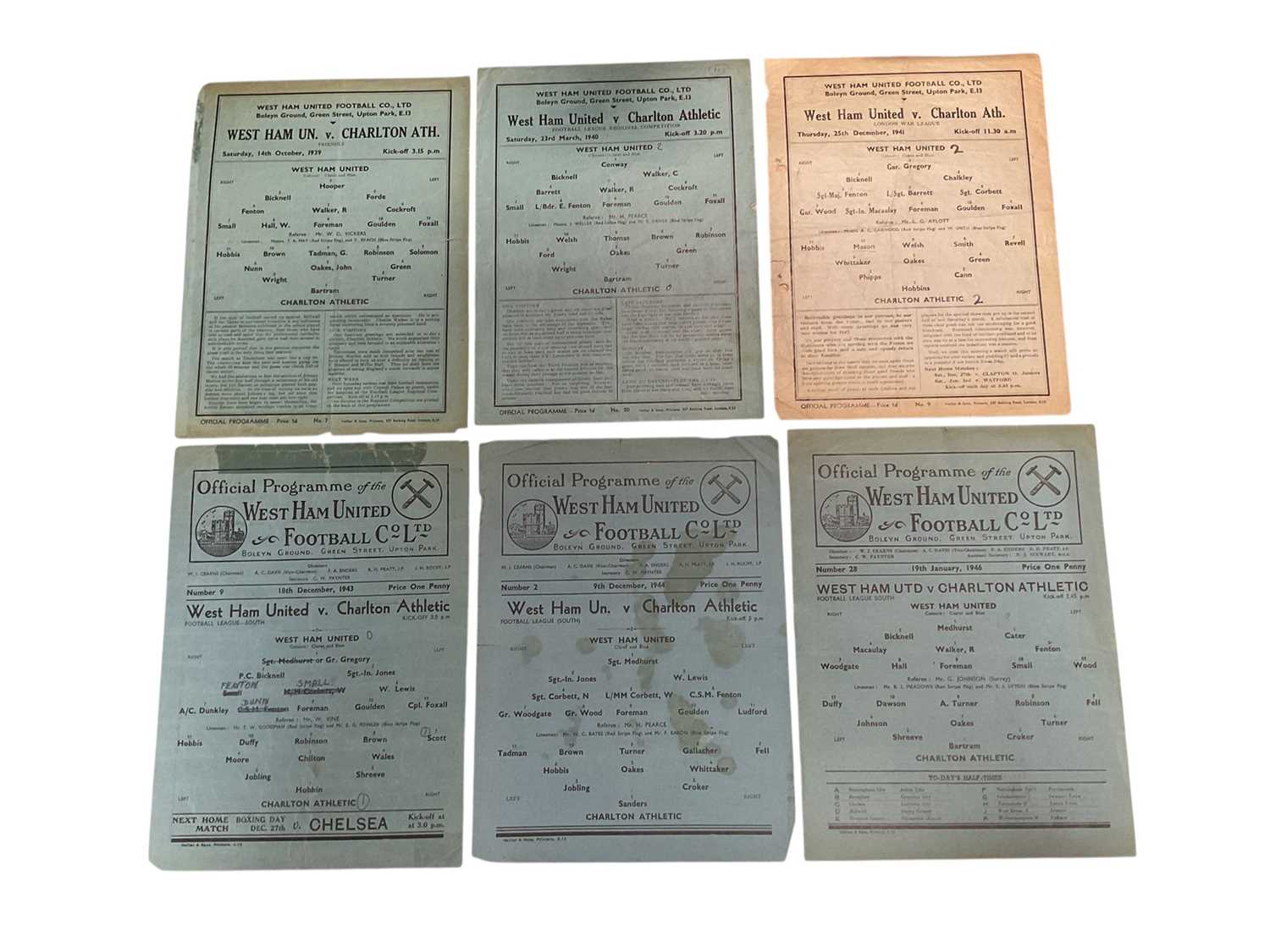 Lot 79 - West Ham v Charlton 14th October 1939 Friendly 23rd March 1940 Football League Regional Competition, 25th December 1941 London War League, 18th December 1943, 9th December 1944, 19th January 194...