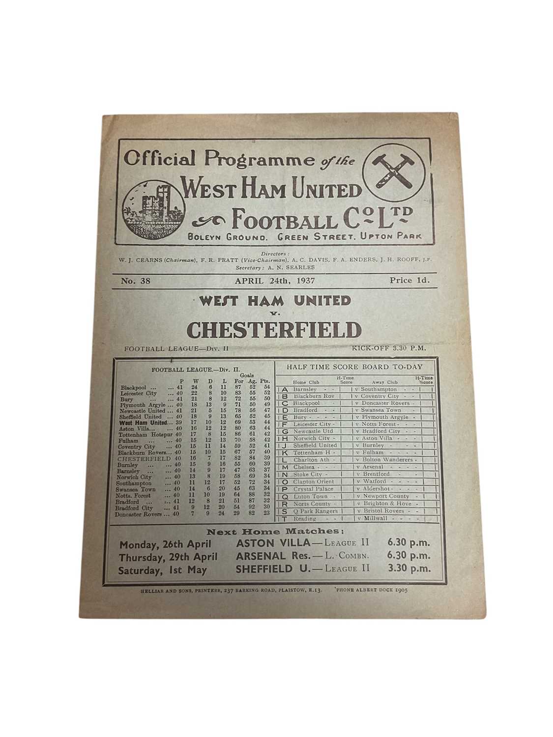 Lot 80 - West Ham v Chesterfield April 24th 1937 Football League Division II