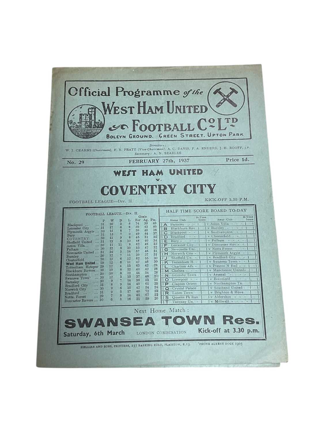 Lot 86 - West Ham v Coventry City February 27th 1937 Football League Division II