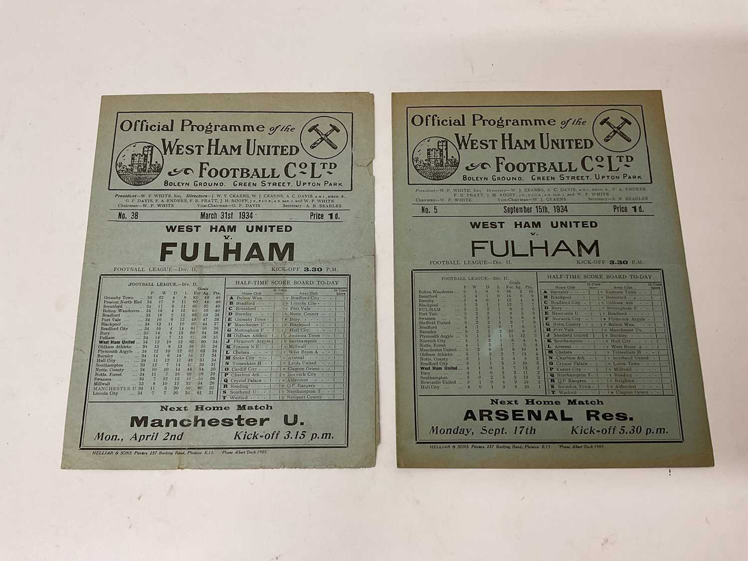 Lot 94 - West Ham v Fulham September 15th 1934, March 31st 1934, both Football League Division II (2)