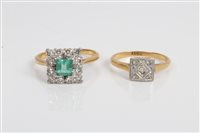 Lot 3288 - Gold (18ct) emerald and diamond cluster ring...