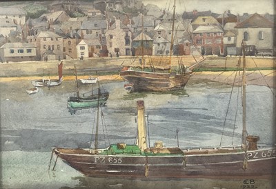 Lot 20 - Editha Bartlett (1890-1979) watercolour of Penzance harbour, fishing boat, monogrammed and dated 1922, 25cm x 32cm, glazed frame