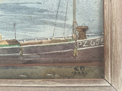 Lot 20 - Editha Bartlett (1890-1979) watercolour of Penzance harbour, fishing boat, monogrammed and dated 1922, 25cm x 32cm, glazed frame