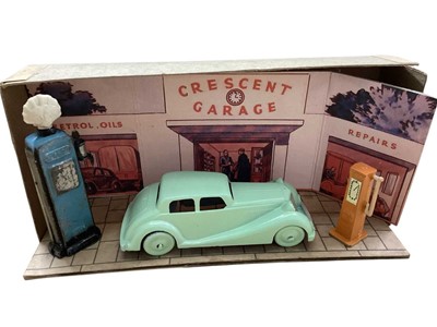 Lot 2710 - Crescent Garage cardboard display (reprint) with saloon car & other diecast vehicles (5)
