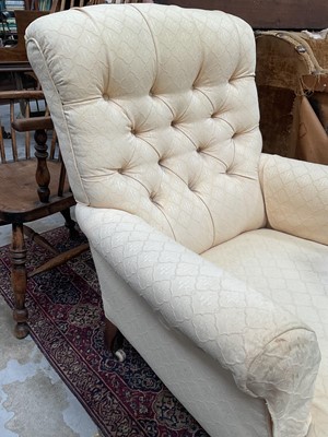 Lot 1251 - Pair of late Victorian buttoned back armchairs on turned mahogany legs and castors, 70cm wide x 72cm deep