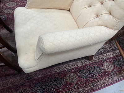 Lot 1251 - Pair of late Victorian buttoned back armchairs on turned mahogany legs and castors, 70cm wide x 72cm deep