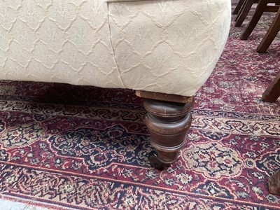 Lot 1251 - Pair of late Victorian buttoned back armchairs on turned mahogany legs and castors, 70cm wide x 72cm deep