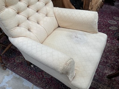 Lot 1251 - Pair of late Victorian buttoned back armchairs on turned mahogany legs and castors, 70cm wide x 72cm deep